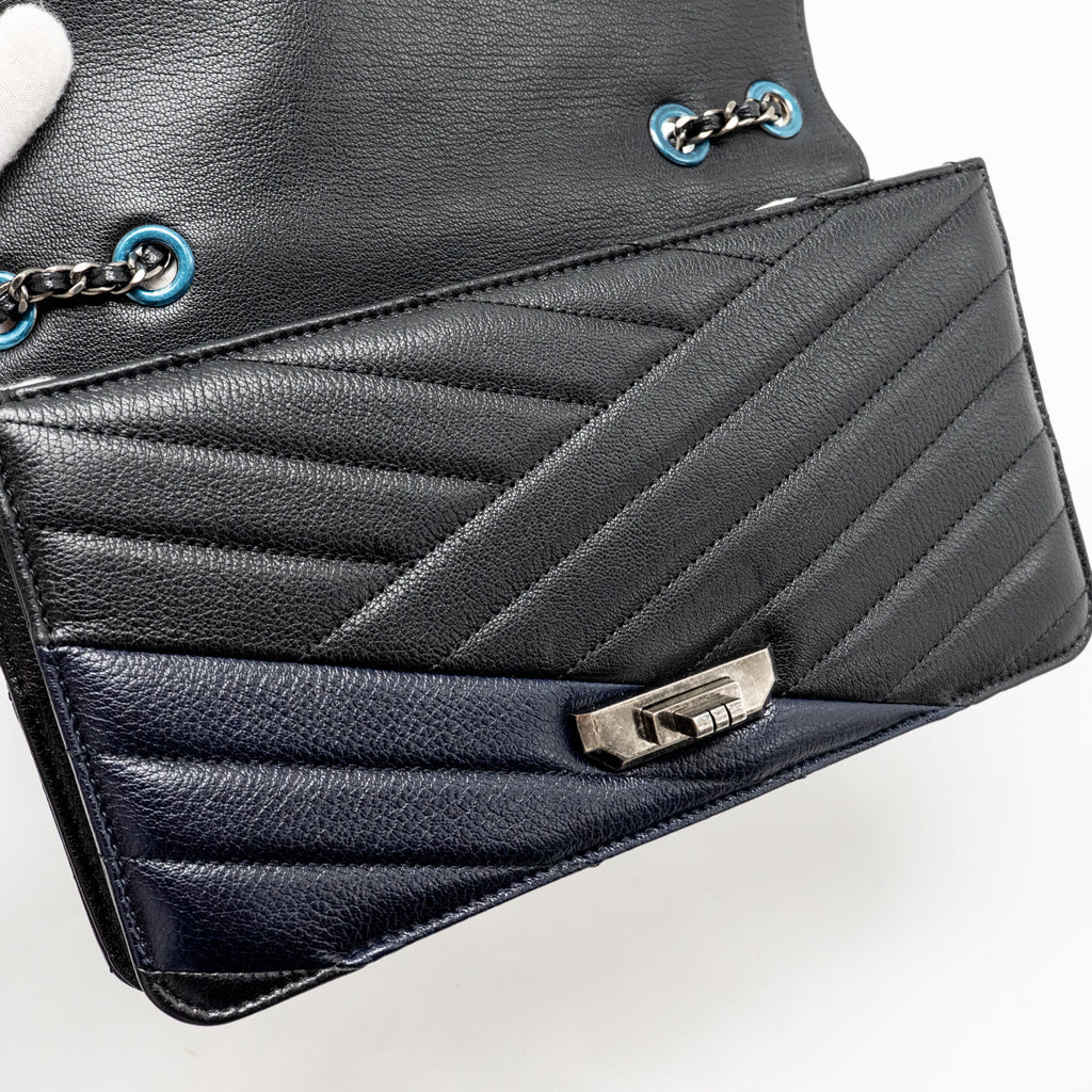 chanel-envelop-metal-plate-flap-bag-chevron-calfskin-black-navy-ruthenium-silver-hardware-copy
