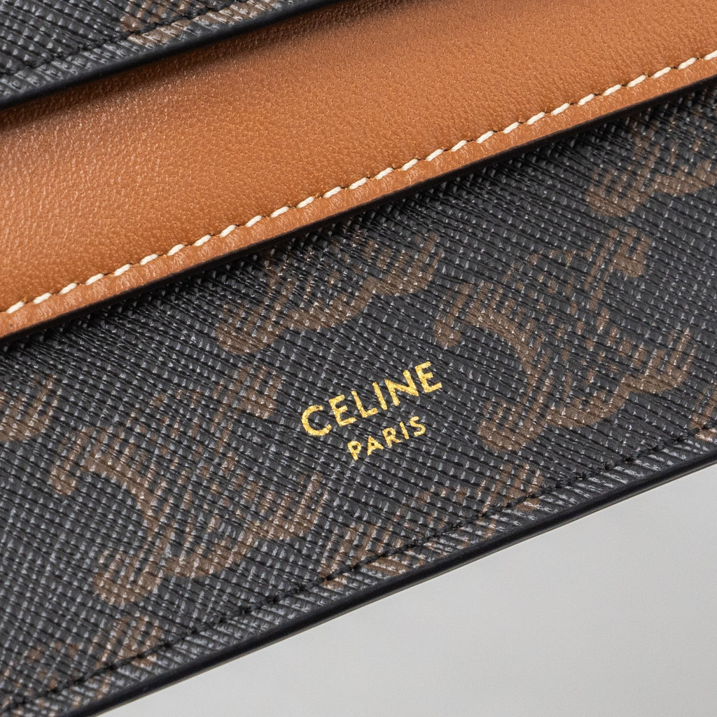 celine-wallet-on-strap-triomphe-canvas-smooth-lambskin-tan-with-ghw