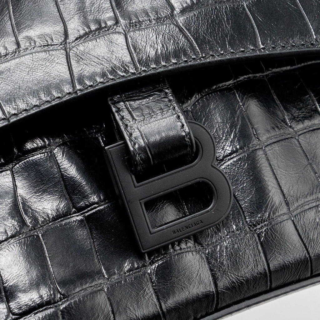 balenciaga-downtown-small-shoudler-bag-crocodile-embossed-black-with-black-hardware