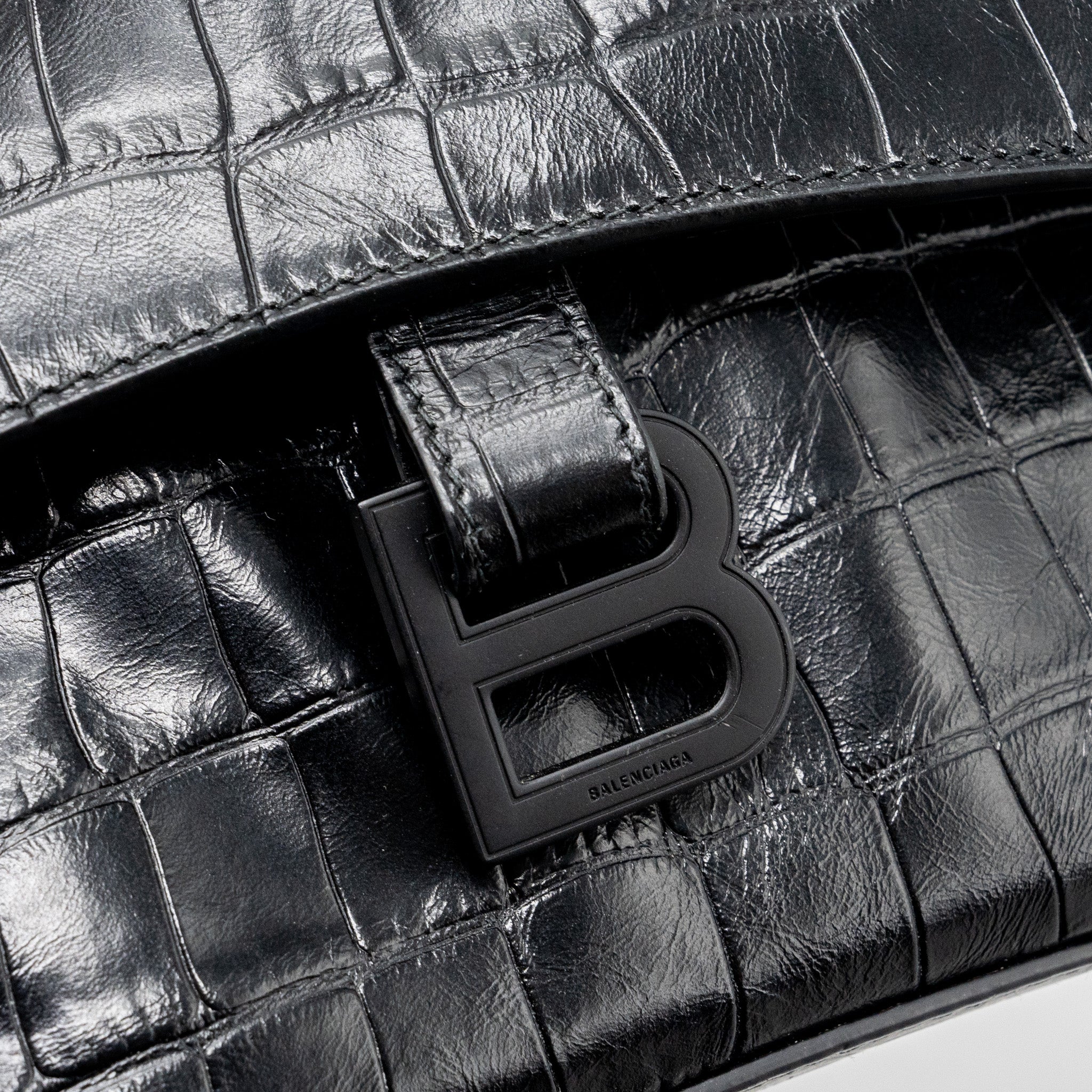 balenciaga-downtown-small-shoudler-bag-crocodile-embossed-black-with-black-hardware