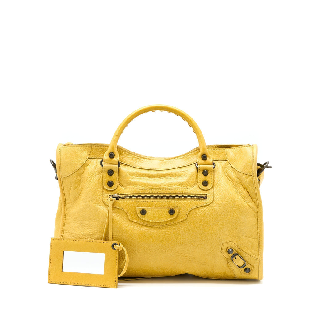 balenciaga-classic-city-bag-lambskin-yellow-black-hardware