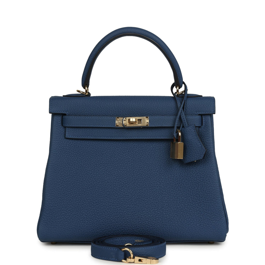 Kelly Retourne 25 Bleu Tie Togo Permabrass Hardware Bag