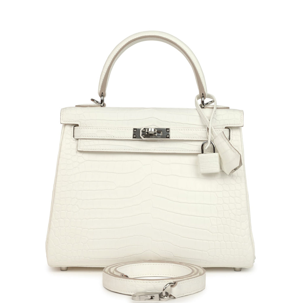 Kelly Retourne 25 Creme Chantilly Matte Crocodile Palladium Hardware Bag