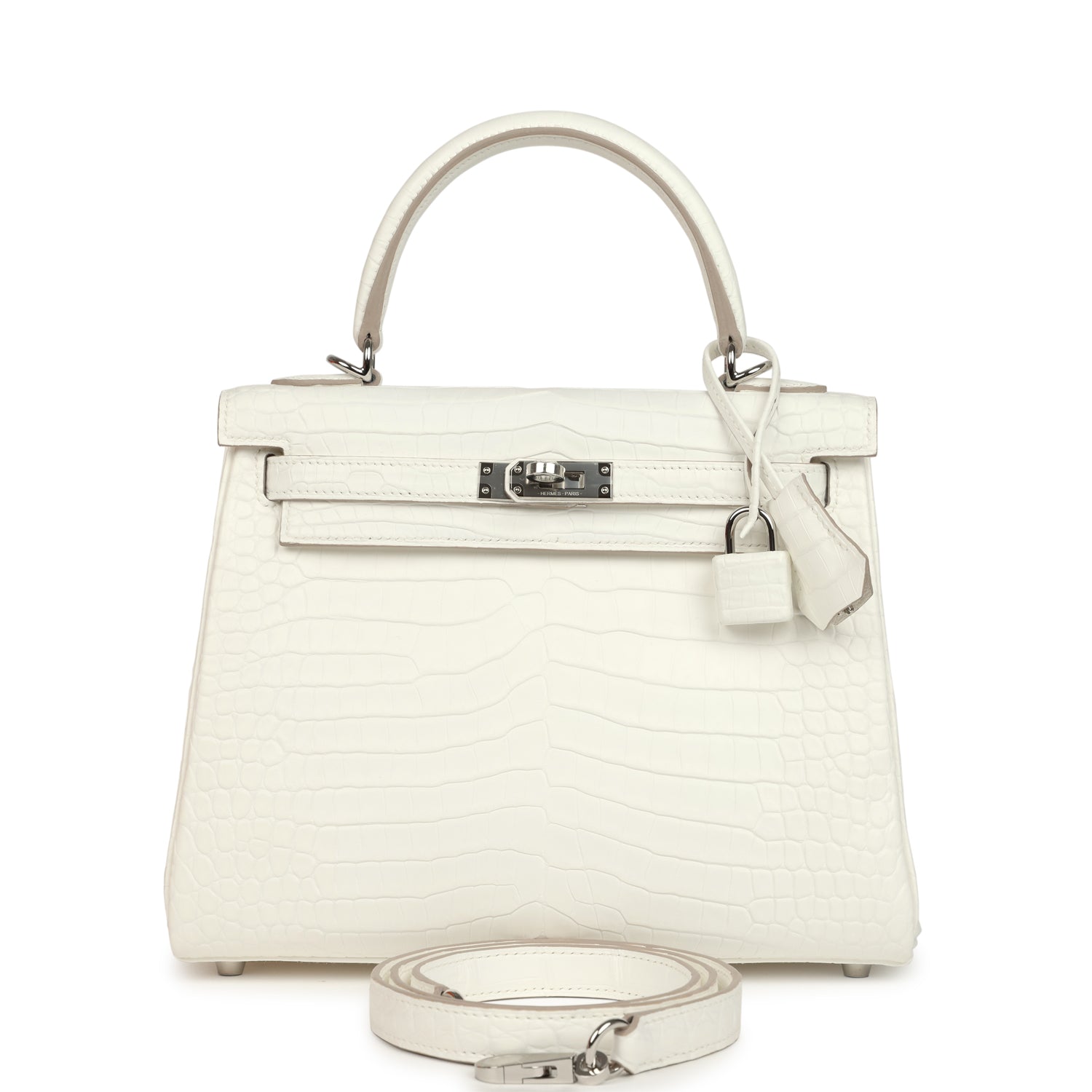 Kelly Retourne 25 Creme Chantilly Matte Crocodile Palladium Hardware Bag
