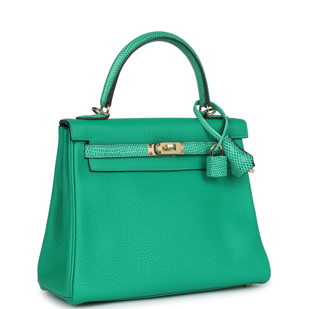 Kelly Retourne 25 Menthe Togo and Varanus Niloticus Lizard Touch Permabrass Hardware Bag