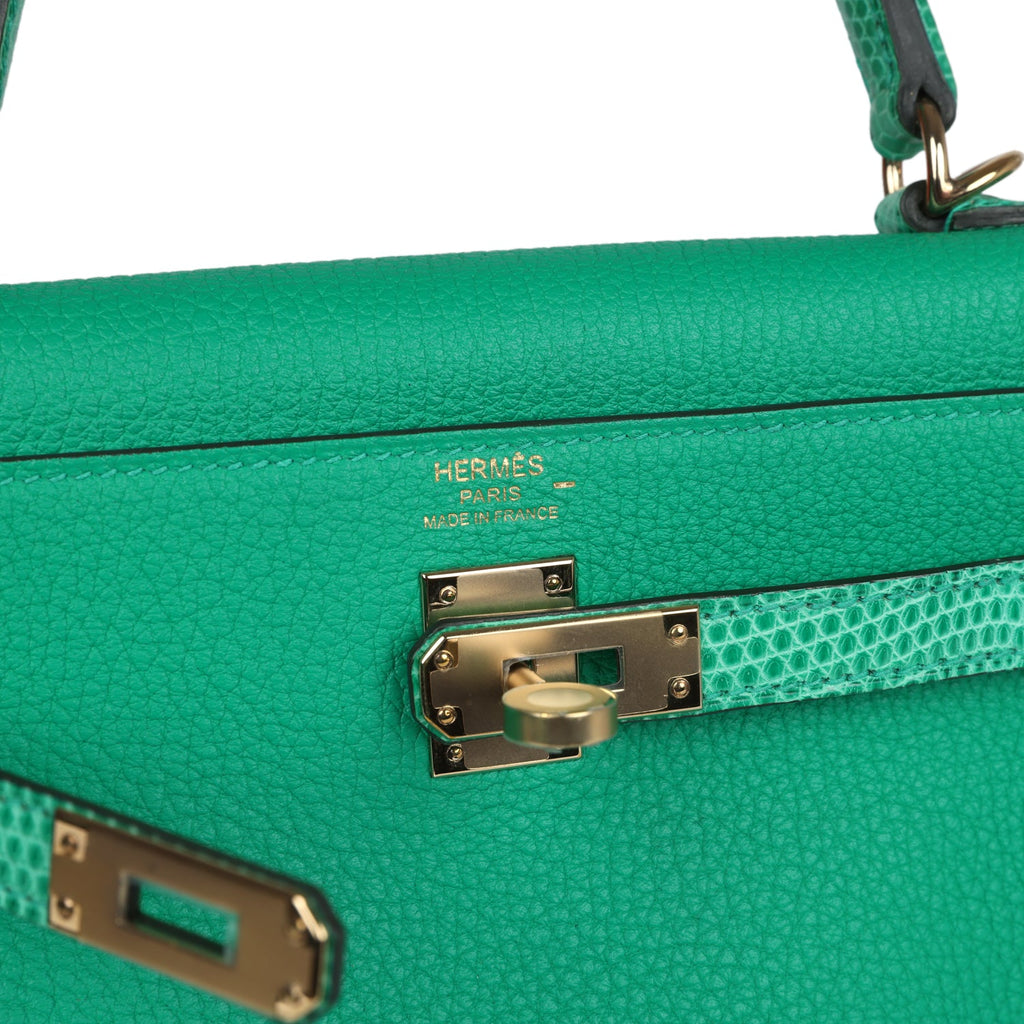 Kelly Retourne 25 Menthe Togo and Varanus Niloticus Lizard Touch Permabrass Hardware Bag