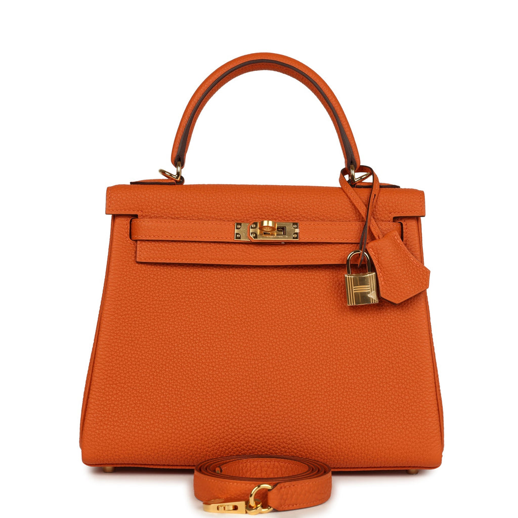 Kelly Retourne 25 Orange Verso Togo Gold Hardware Bag
