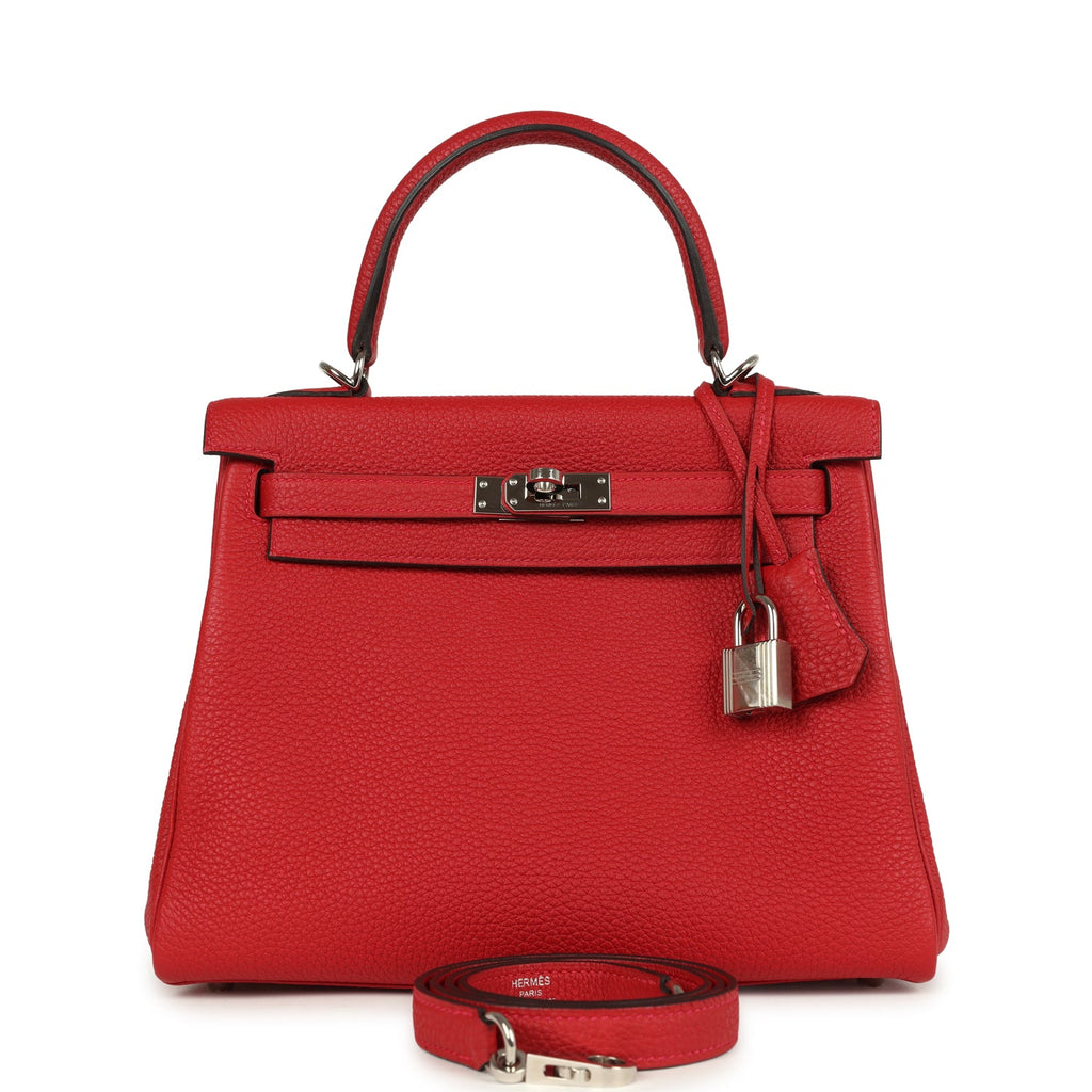 Kelly Retourne 25 Rouge Casaque Togo Palladium Hardware Bag