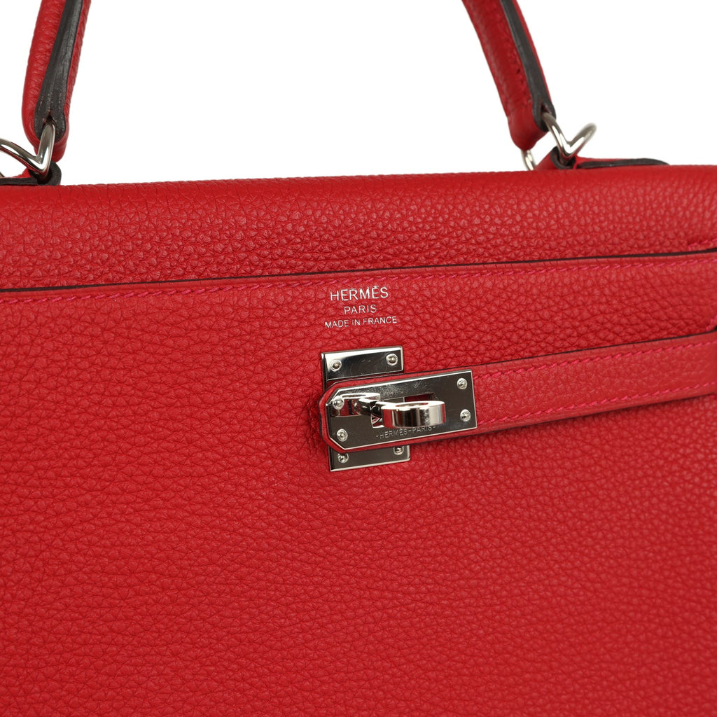 Kelly Retourne 25 Rouge Casaque Togo Palladium Hardware Bag