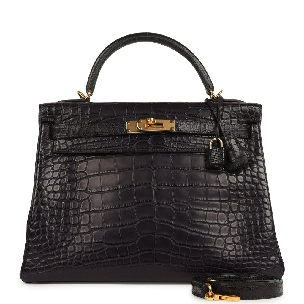 Kelly Retourne 32 Aubergine Matte Alligator Gold Hardware Bag