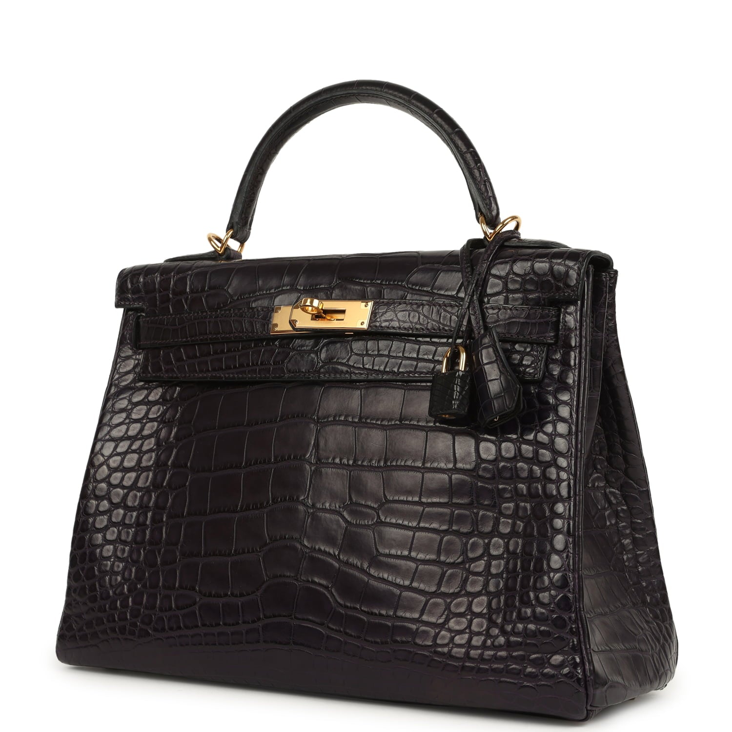 Kelly Retourne 32 Aubergine Matte Alligator Gold Hardware Bag