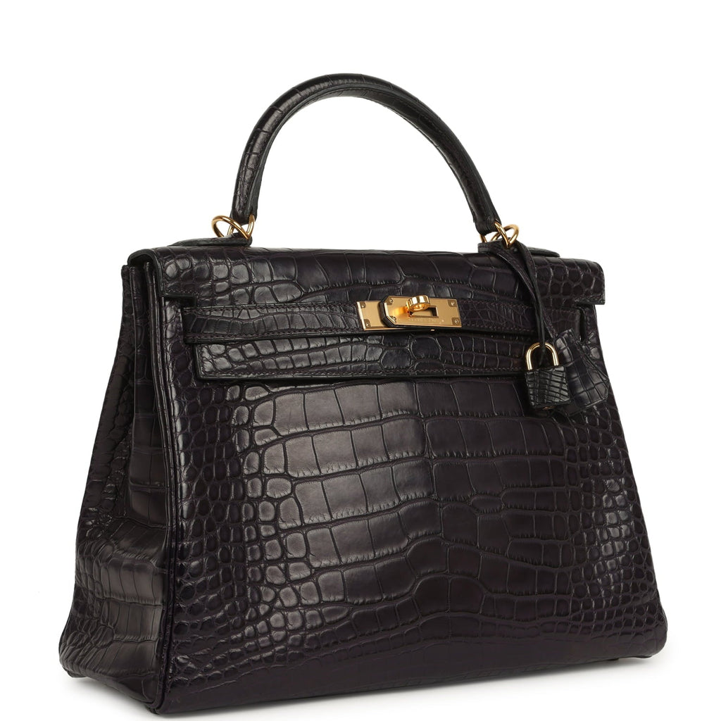 Kelly Retourne 32 Aubergine Matte Alligator Gold Hardware Bag