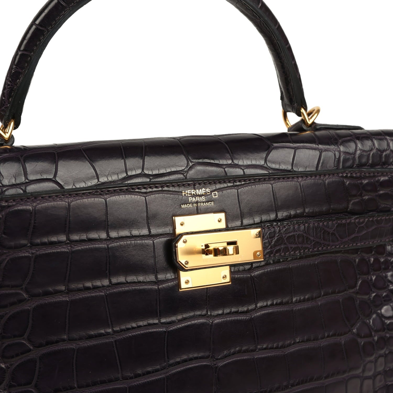 Kelly Retourne 32 Aubergine Matte Alligator Gold Hardware Bag