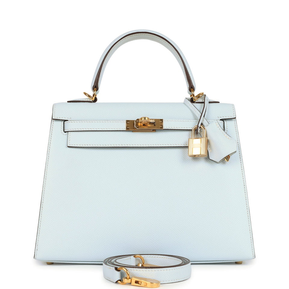 Kelly Sellier 25 Bleu Brume Epsom Gold Hardware Bag