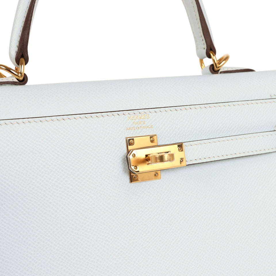 Kelly Sellier 25 Bleu Brume Epsom Gold Hardware Bag