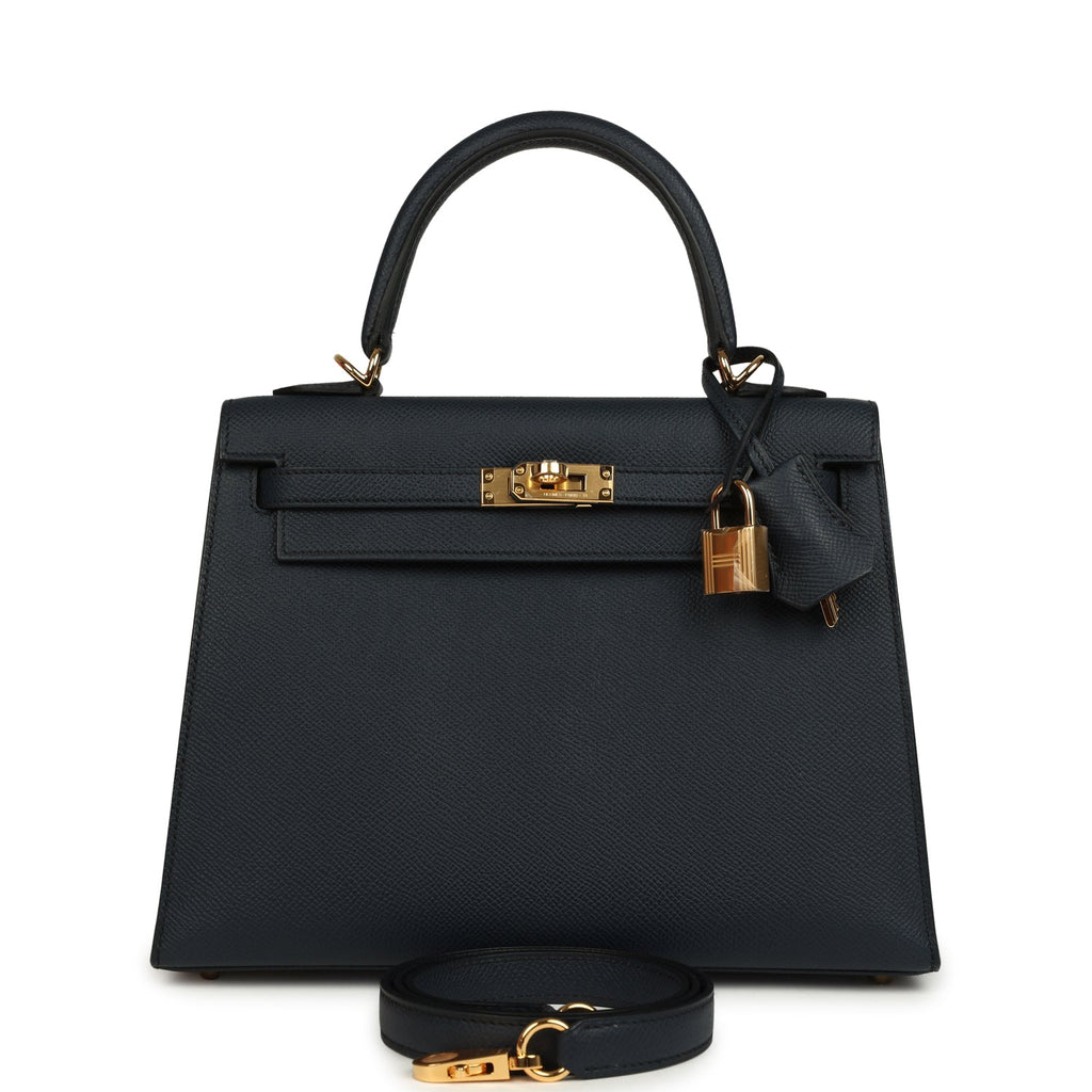 Kelly Sellier 25 Bleu Indigo Epsom Gold Hardware Bag