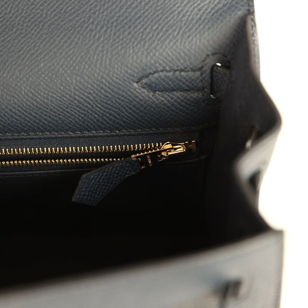 Kelly Sellier 25 Bleu Indigo Epsom Gold Hardware Bag
