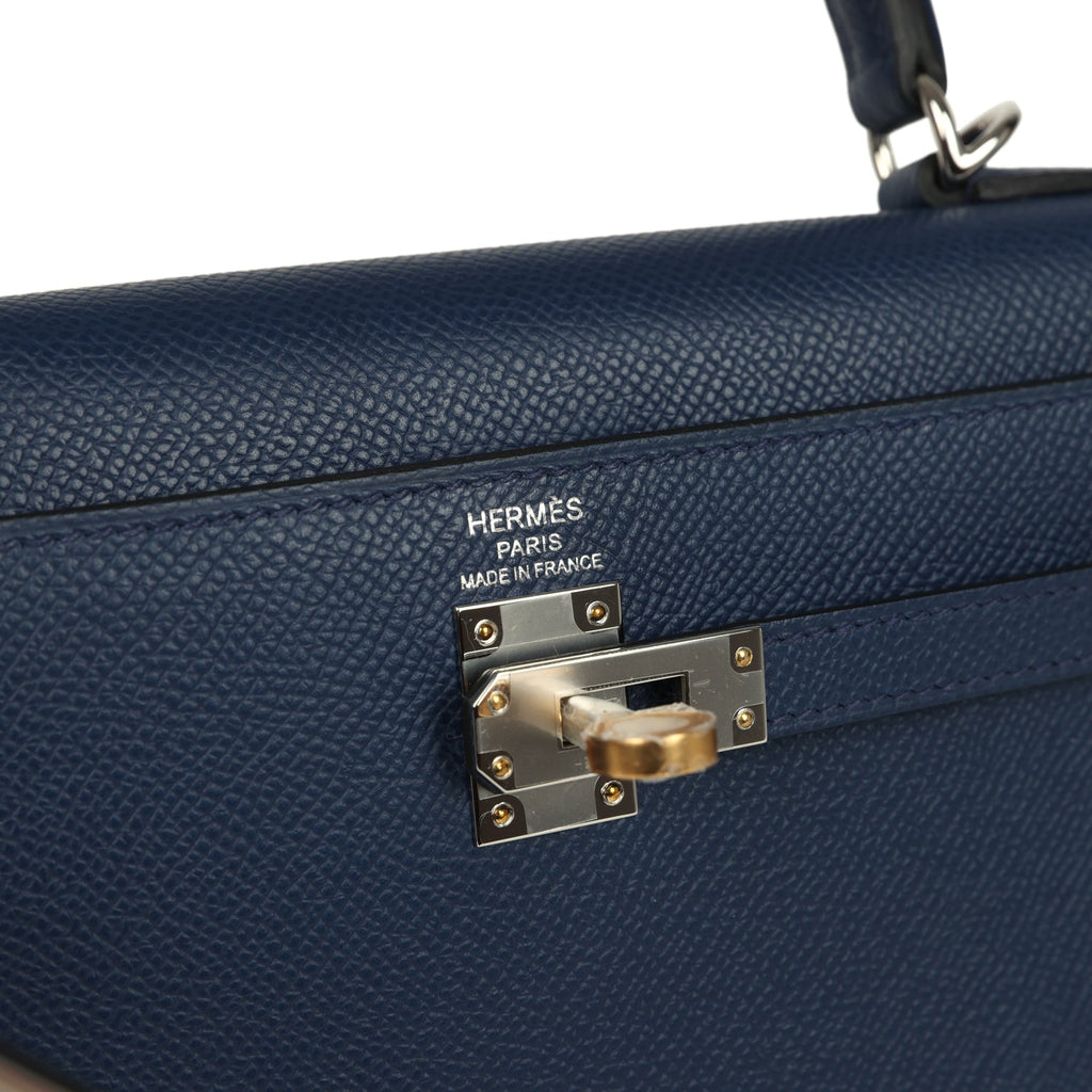 Kelly Sellier 25 Bleu Navy Epsom Electrum Hardware Bag