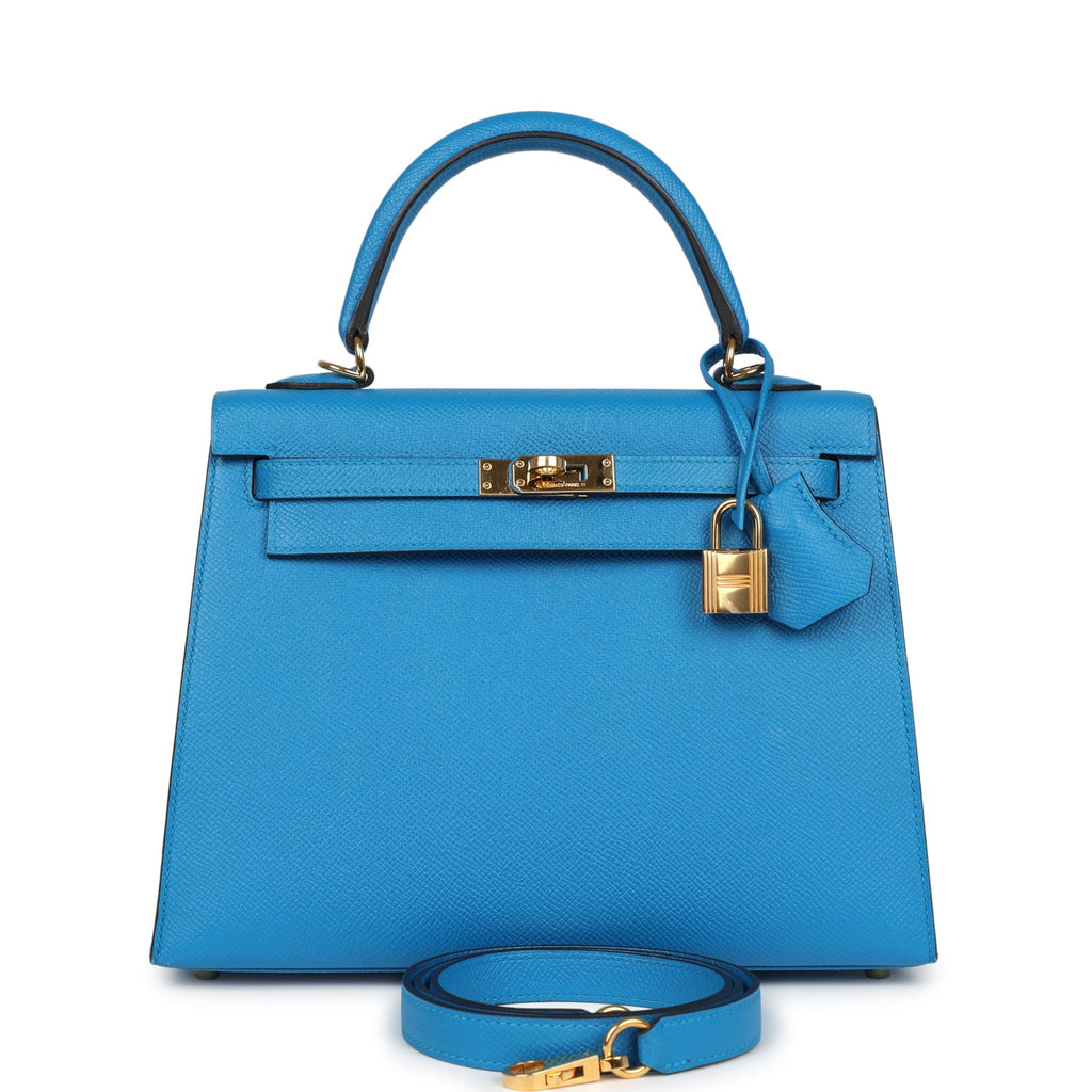 Kelly Sellier 25 Bleu Zanzibar Epsom Gold Hardware Bag