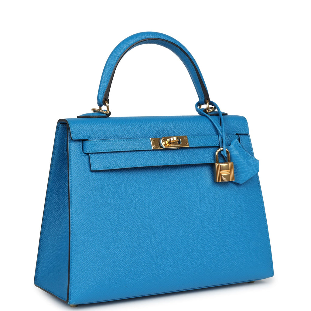 Kelly Sellier 25 Bleu Zanzibar Epsom Gold Hardware Bag