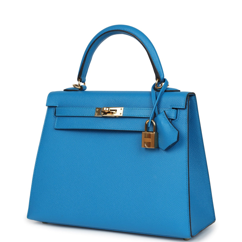 Kelly Sellier 25 Bleu Zanzibar Epsom Gold Hardware Bag