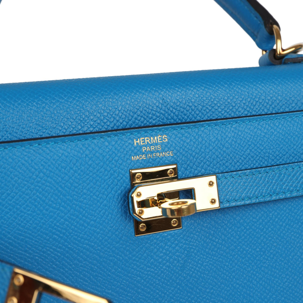 Kelly Sellier 25 Bleu Zanzibar Epsom Gold Hardware Bag