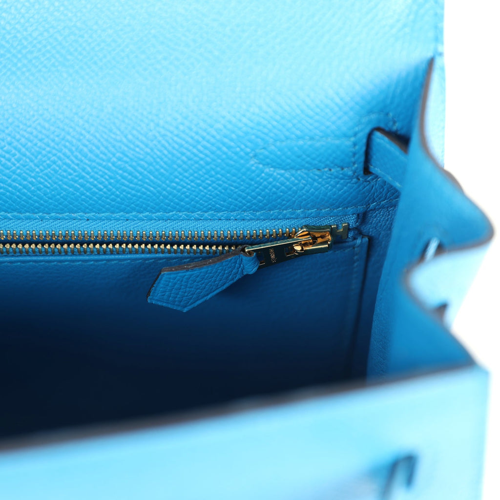 Kelly Sellier 25 Bleu Zanzibar Epsom Gold Hardware Bag