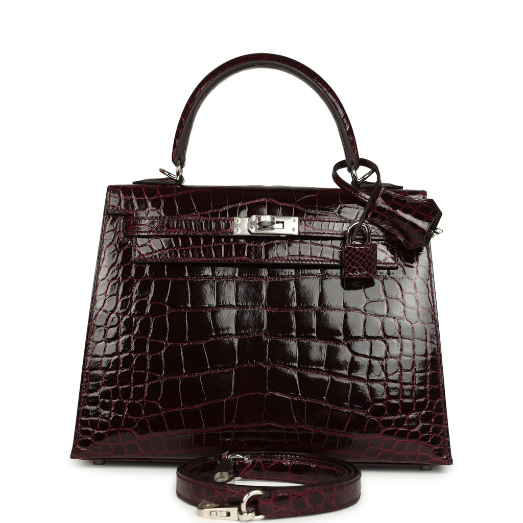 Kelly Sellier 25 Bordeaux Shiny Alligator Palladium Hardware Bag