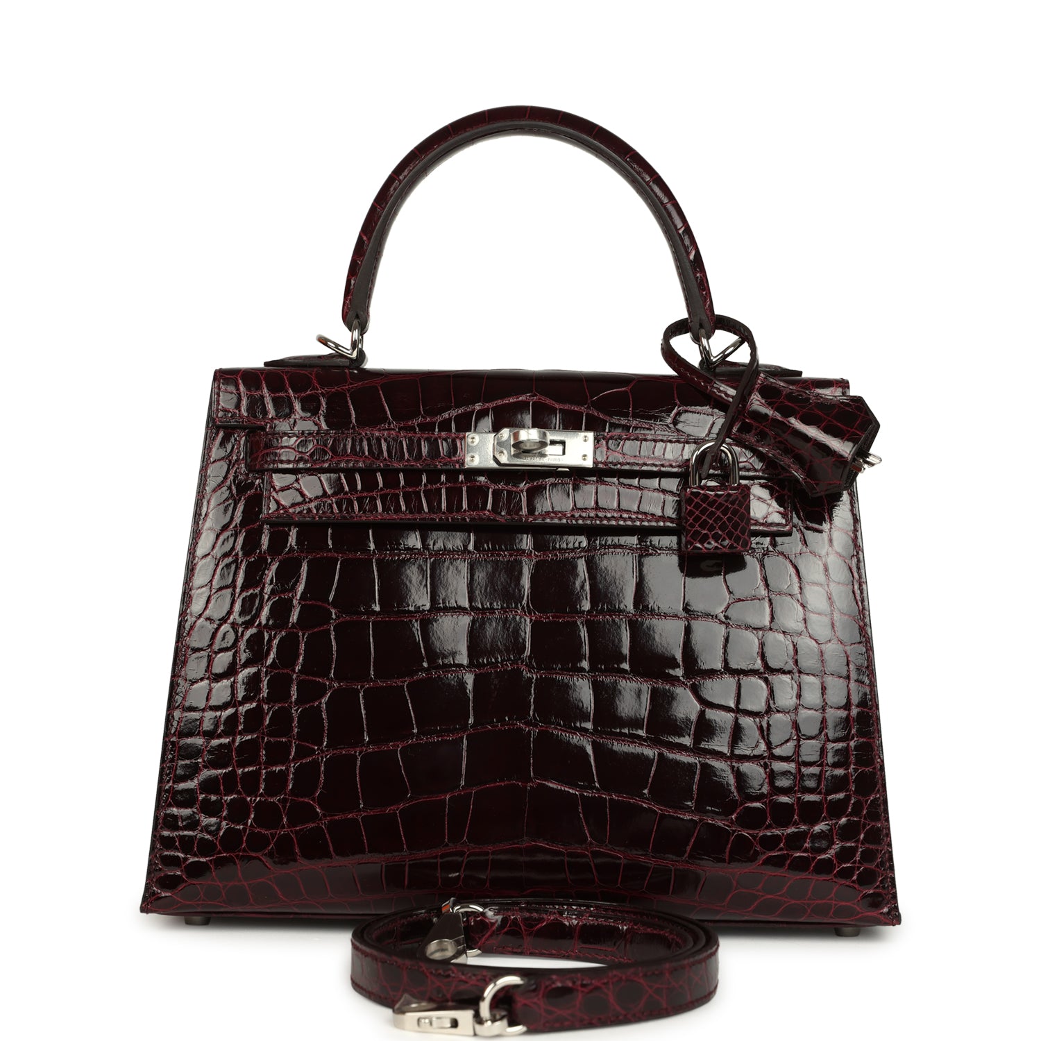 Kelly Sellier 25 Bordeaux Shiny Alligator Palladium Hardware Bag