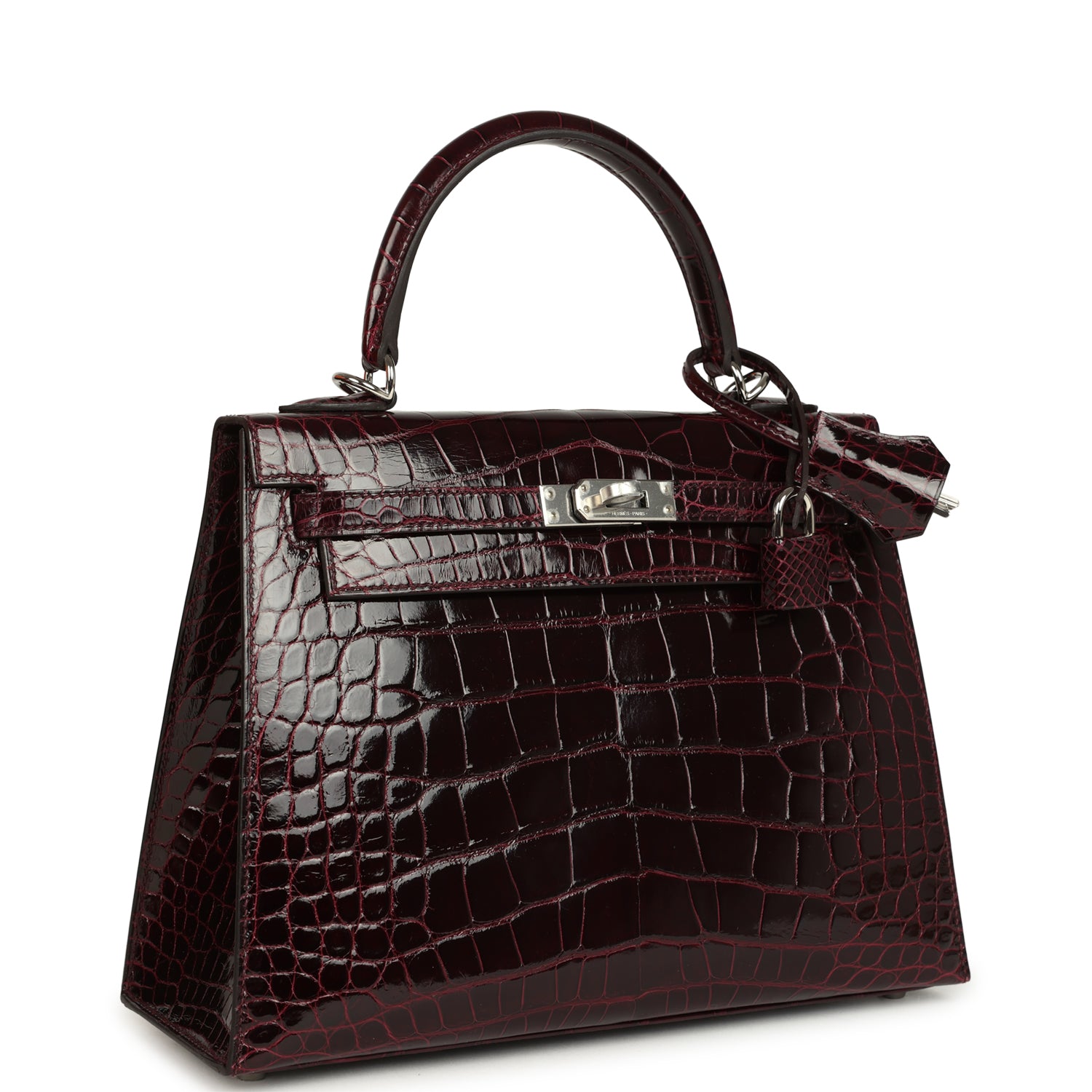 Kelly Sellier 25 Bordeaux Shiny Alligator Palladium Hardware Bag