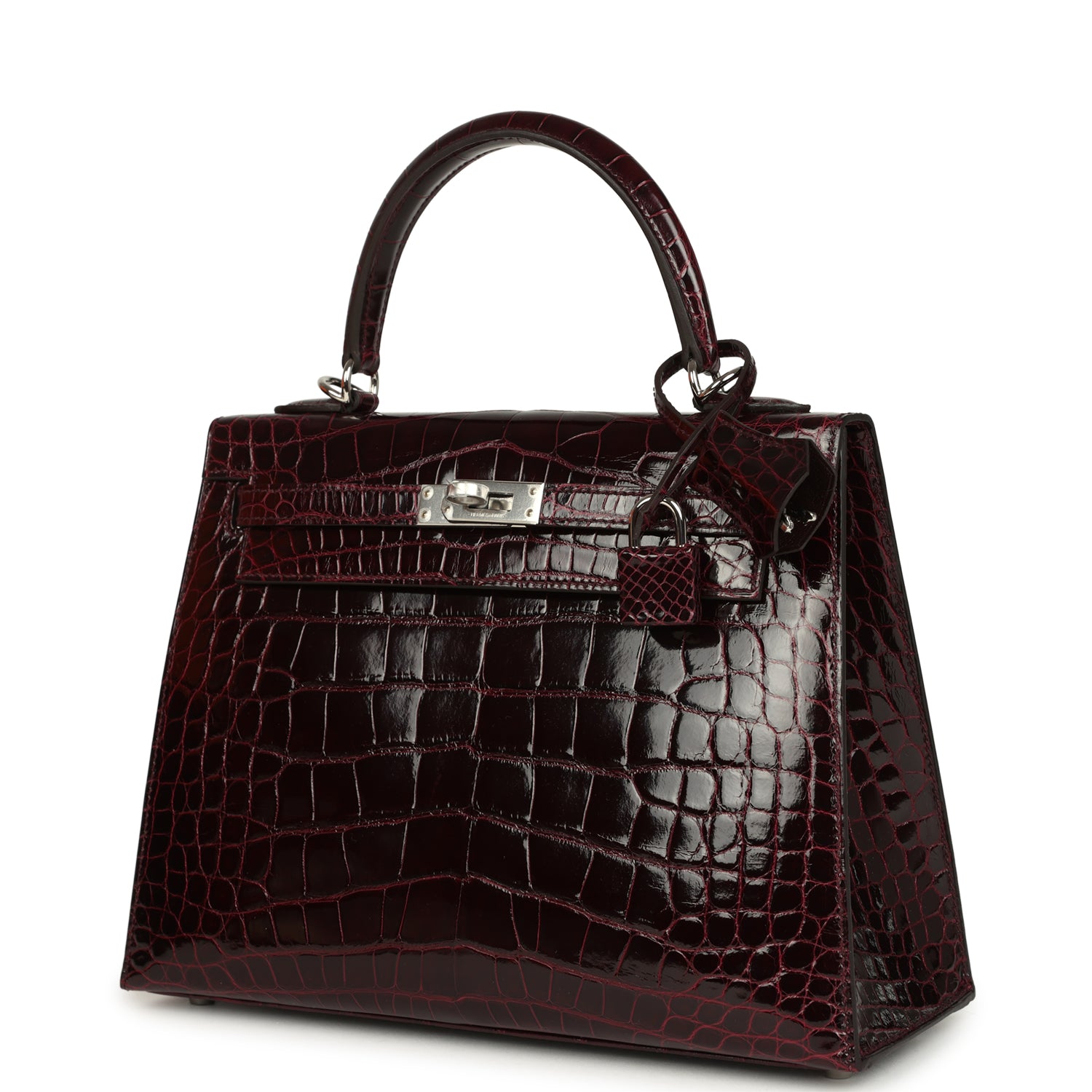 Kelly Sellier 25 Bordeaux Shiny Alligator Palladium Hardware Bag