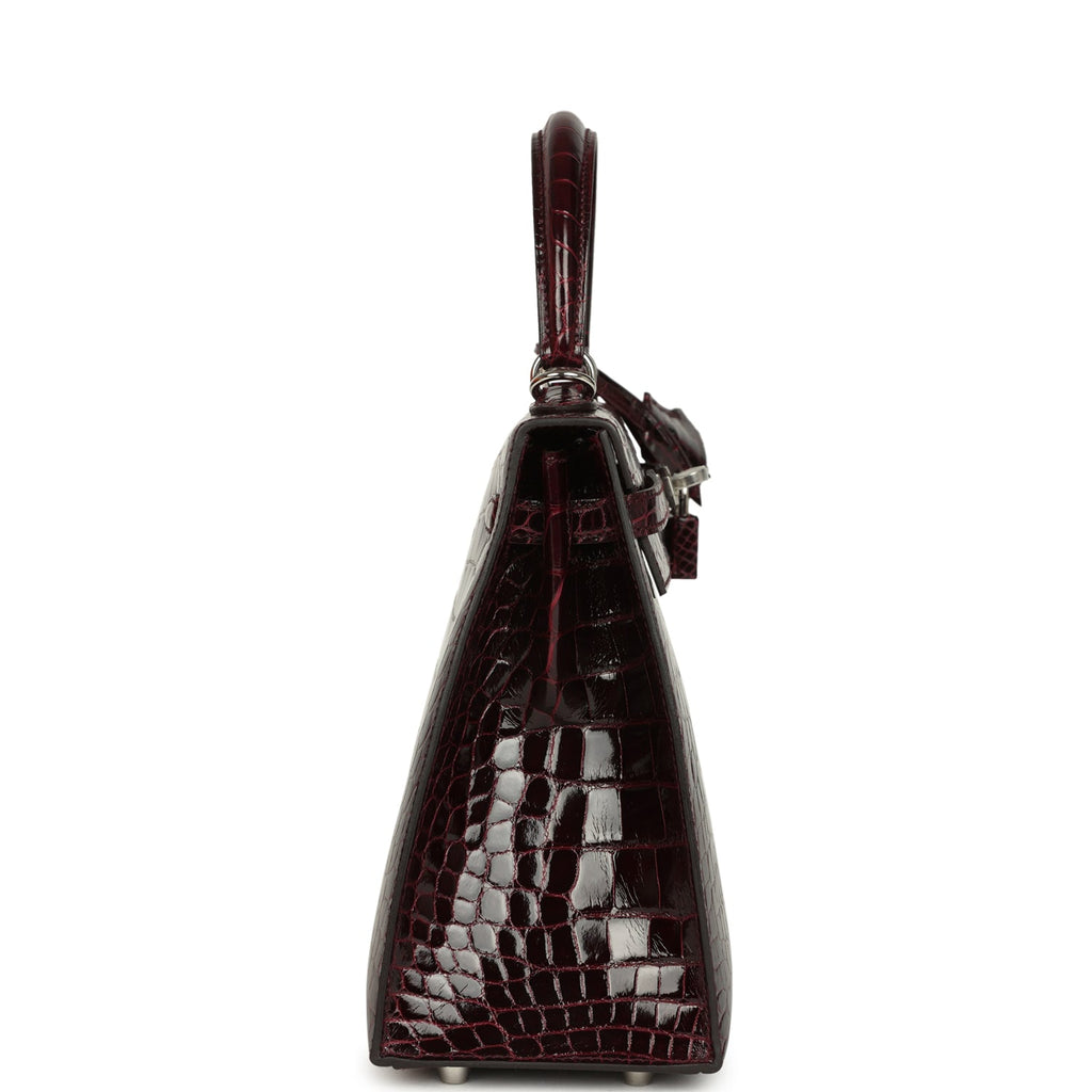 Kelly Sellier 25 Bordeaux Shiny Alligator Palladium Hardware Bag