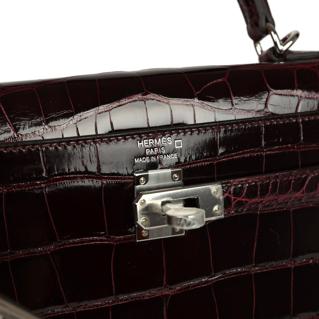 Kelly Sellier 25 Bordeaux Shiny Alligator Palladium Hardware Bag