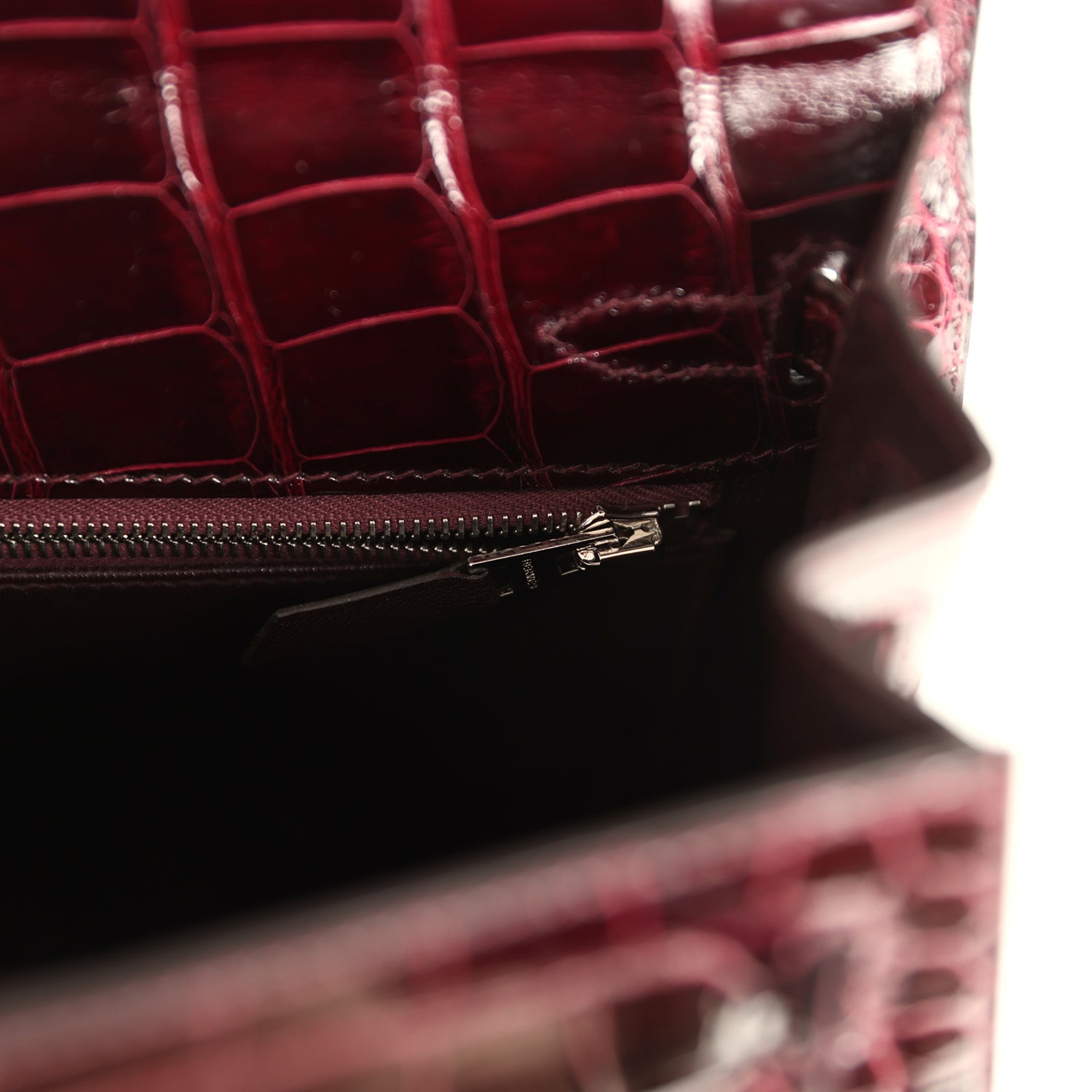 Kelly Sellier 25 Bordeaux Shiny Alligator Palladium Hardware Bag