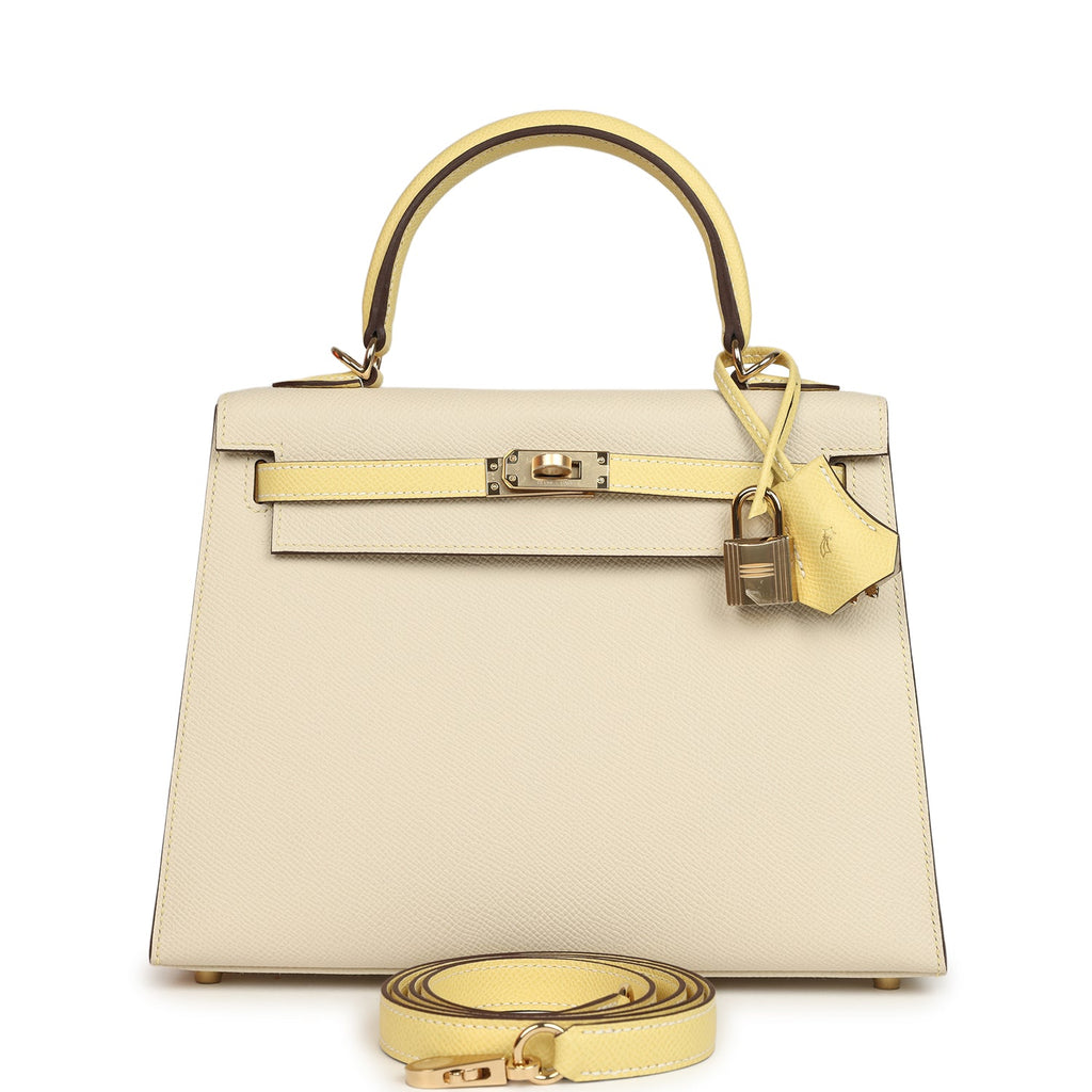 Kelly Sellier 25 Craie and Jaune Poussin Epsom Gold Hardware Bag