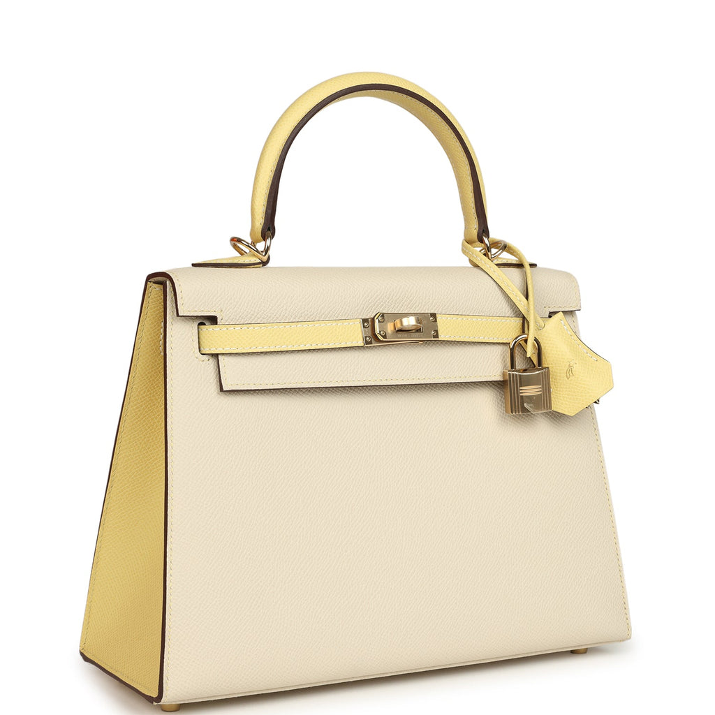 Kelly Sellier 25 Craie and Jaune Poussin Epsom Gold Hardware Bag