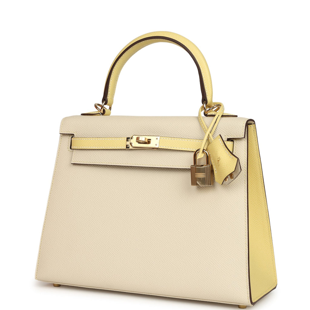 Kelly Sellier 25 Craie and Jaune Poussin Epsom Gold Hardware Bag
