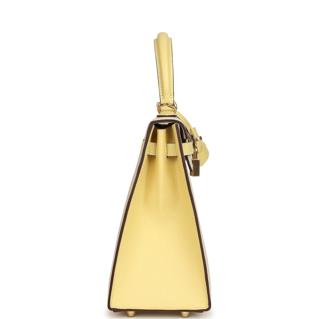 Kelly Sellier 25 Craie and Jaune Poussin Epsom Gold Hardware Bag