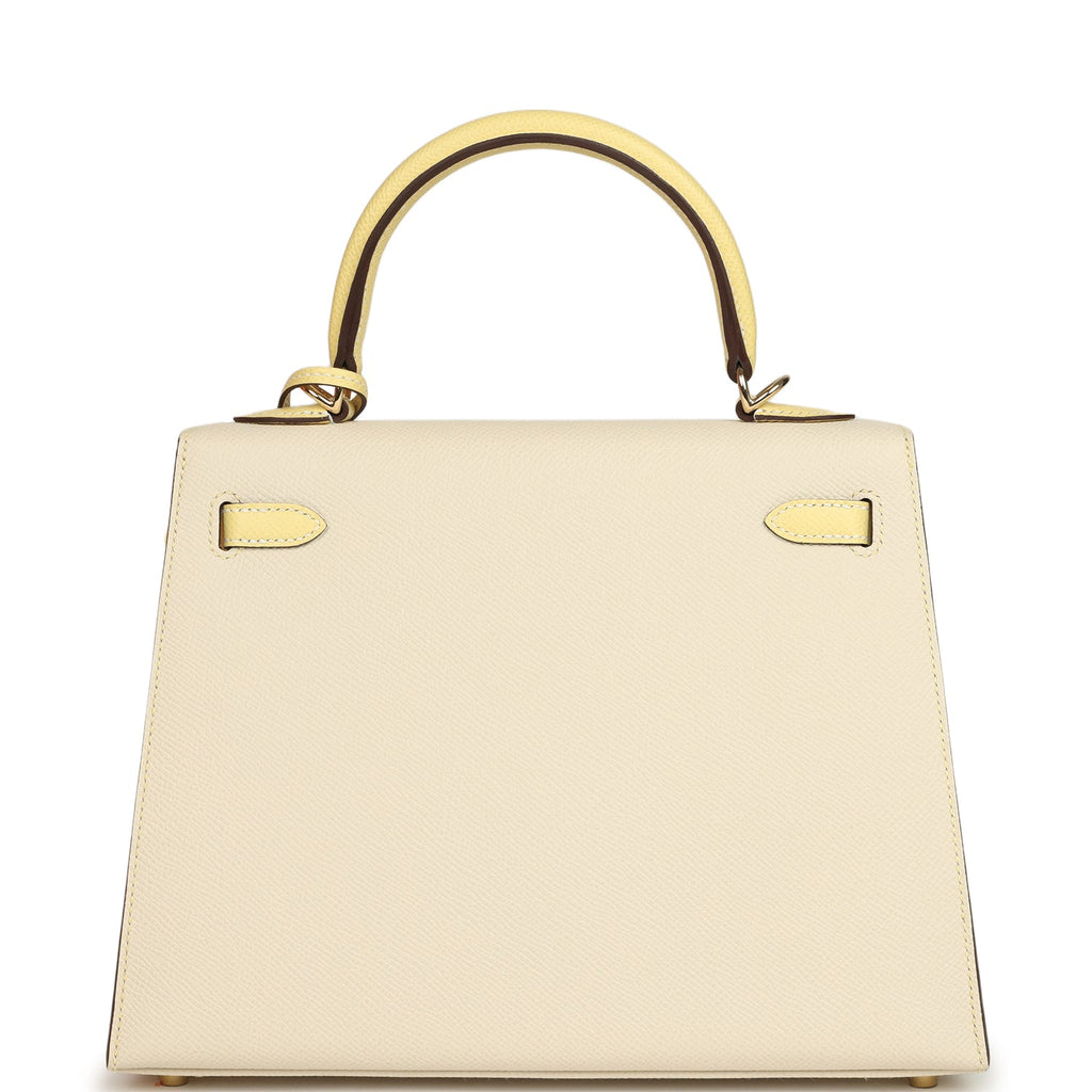 Kelly Sellier 25 Craie and Jaune Poussin Epsom Gold Hardware Bag