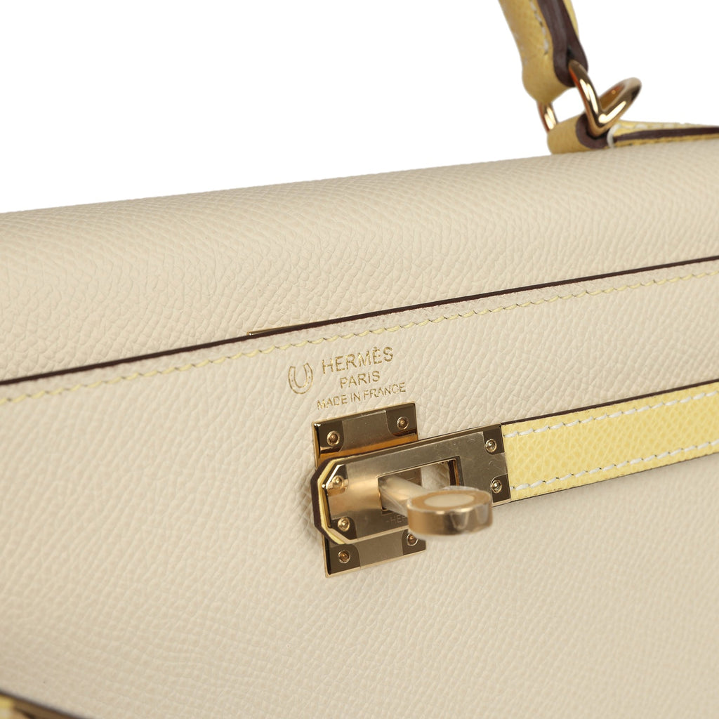 Kelly Sellier 25 Craie and Jaune Poussin Epsom Gold Hardware Bag