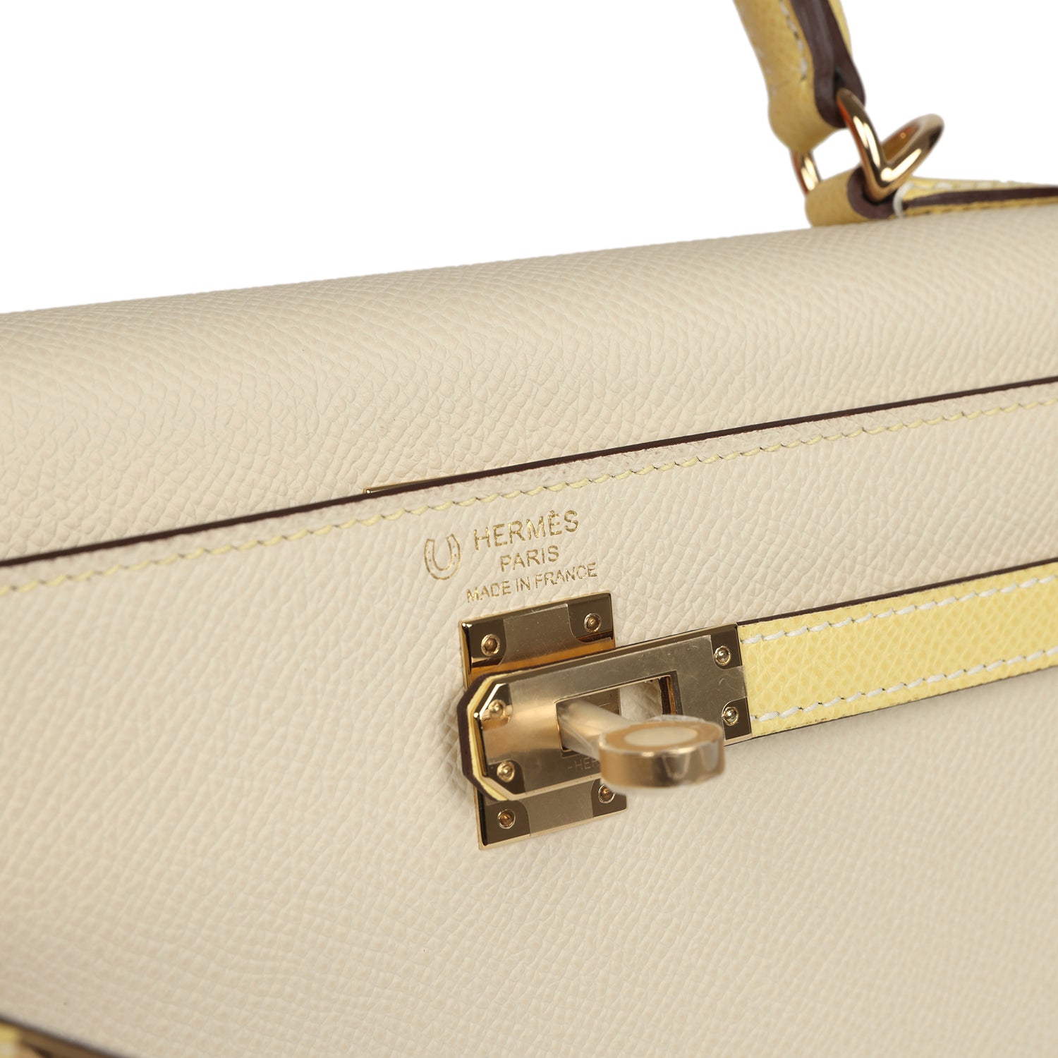 Kelly Sellier 25 Craie and Jaune Poussin Epsom Gold Hardware Bag