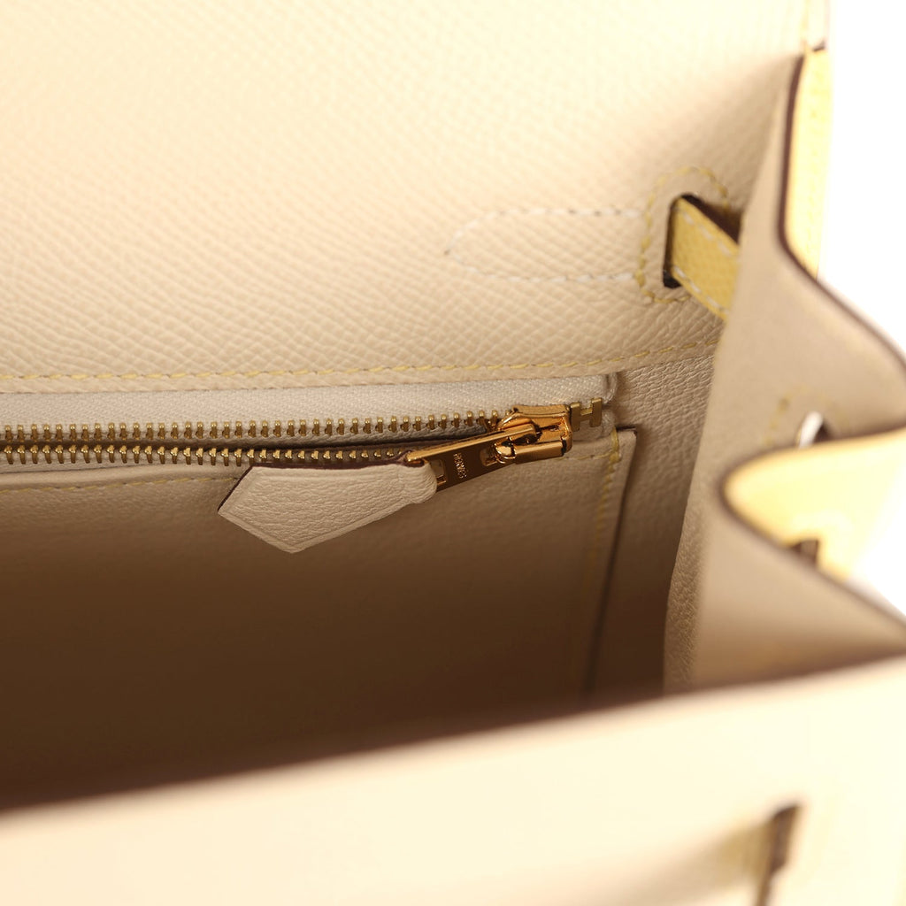 Kelly Sellier 25 Craie and Jaune Poussin Epsom Gold Hardware Bag