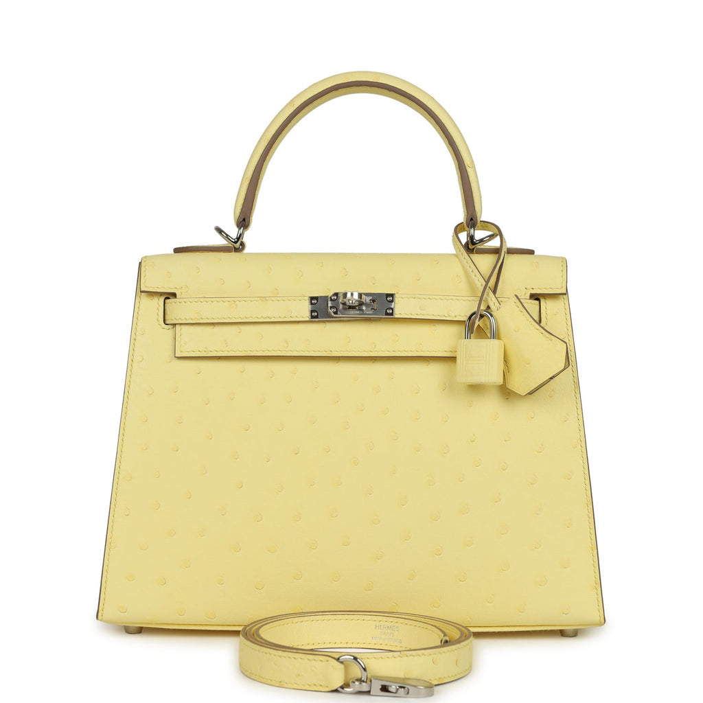 Kelly Sellier 25 Limoncello Ostrich Palladium Hardware Bag