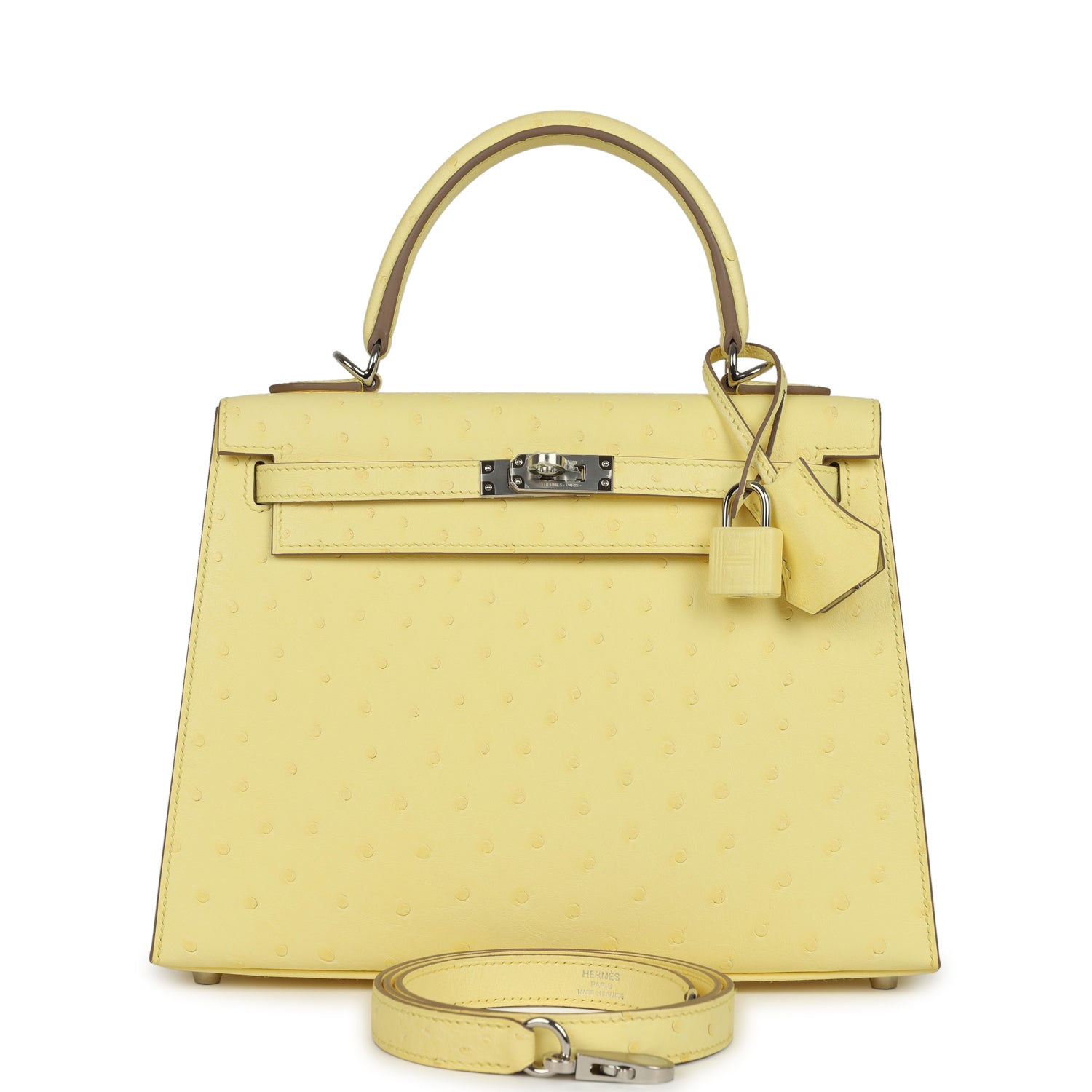 Kelly Sellier 25 Limoncello Ostrich Palladium Hardware Bag