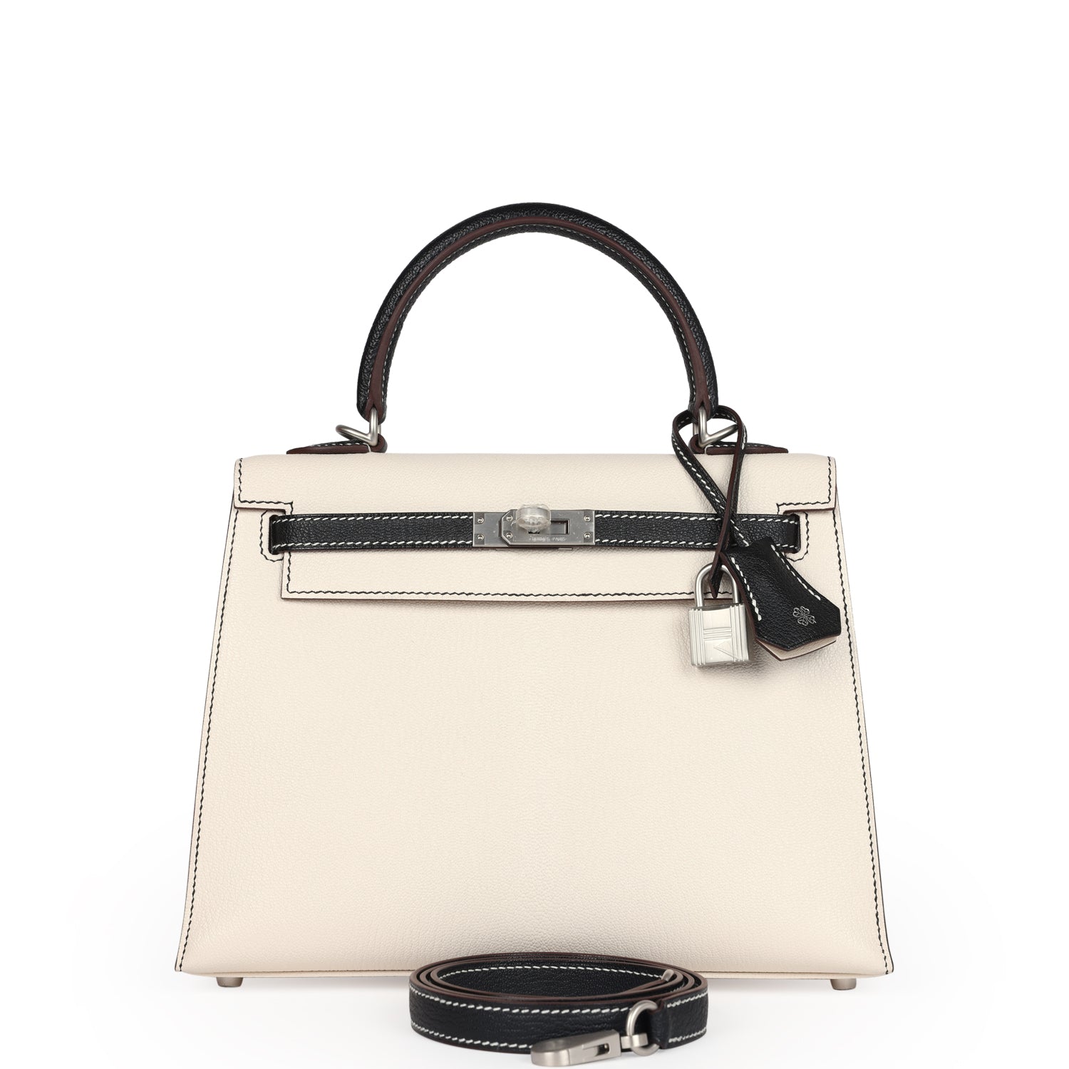 Kelly Sellier 25 Nata and Black Chevre Mysore Brushed Palladium Hardware Bag