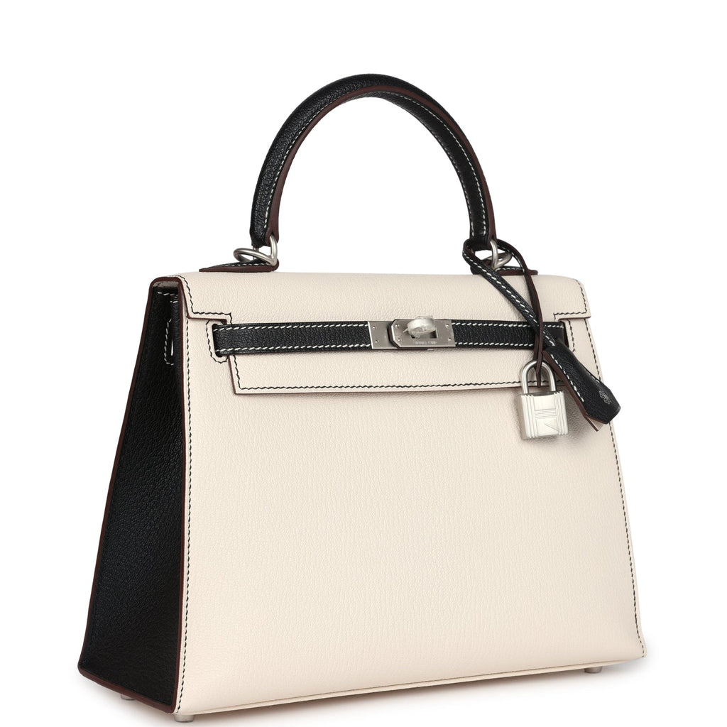 Kelly Sellier 25 Nata and Black Chevre Mysore Brushed Palladium Hardware Bag
