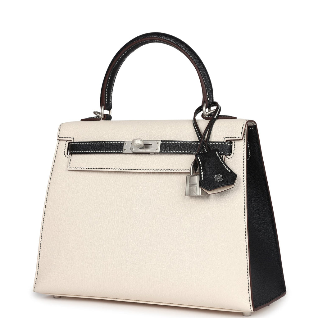 Kelly Sellier 25 Nata and Black Chevre Mysore Brushed Palladium Hardware Bag