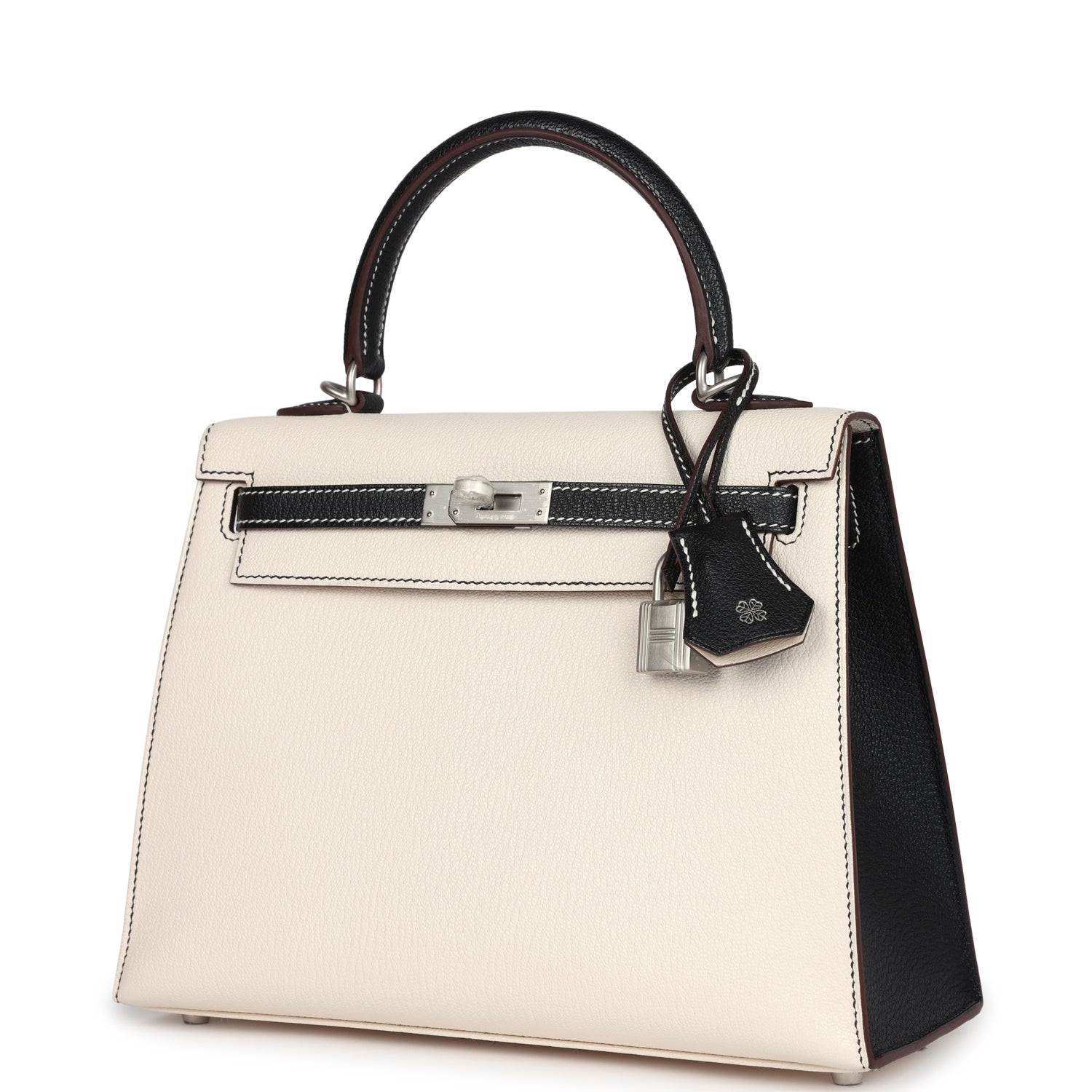 Kelly Sellier 25 Nata and Black Chevre Mysore Brushed Palladium Hardware Bag
