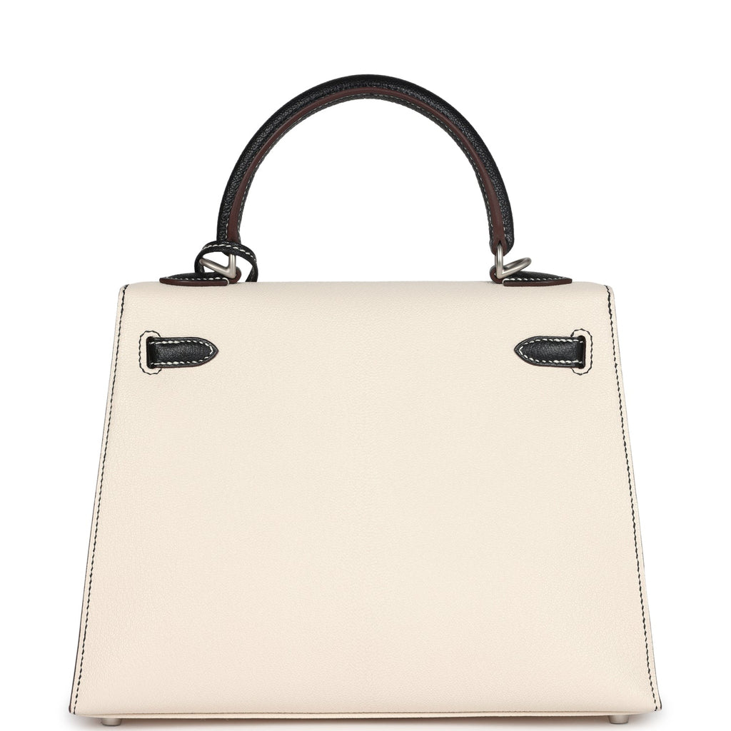 Kelly Sellier 25 Nata and Black Chevre Mysore Brushed Palladium Hardware Bag