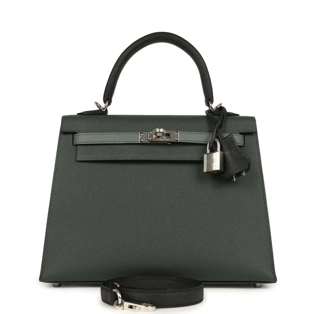Kelly Sellier 25 Tri-Color Black, Vert Amande and Vert Mangrove Epsom Palladium Hardware Bag